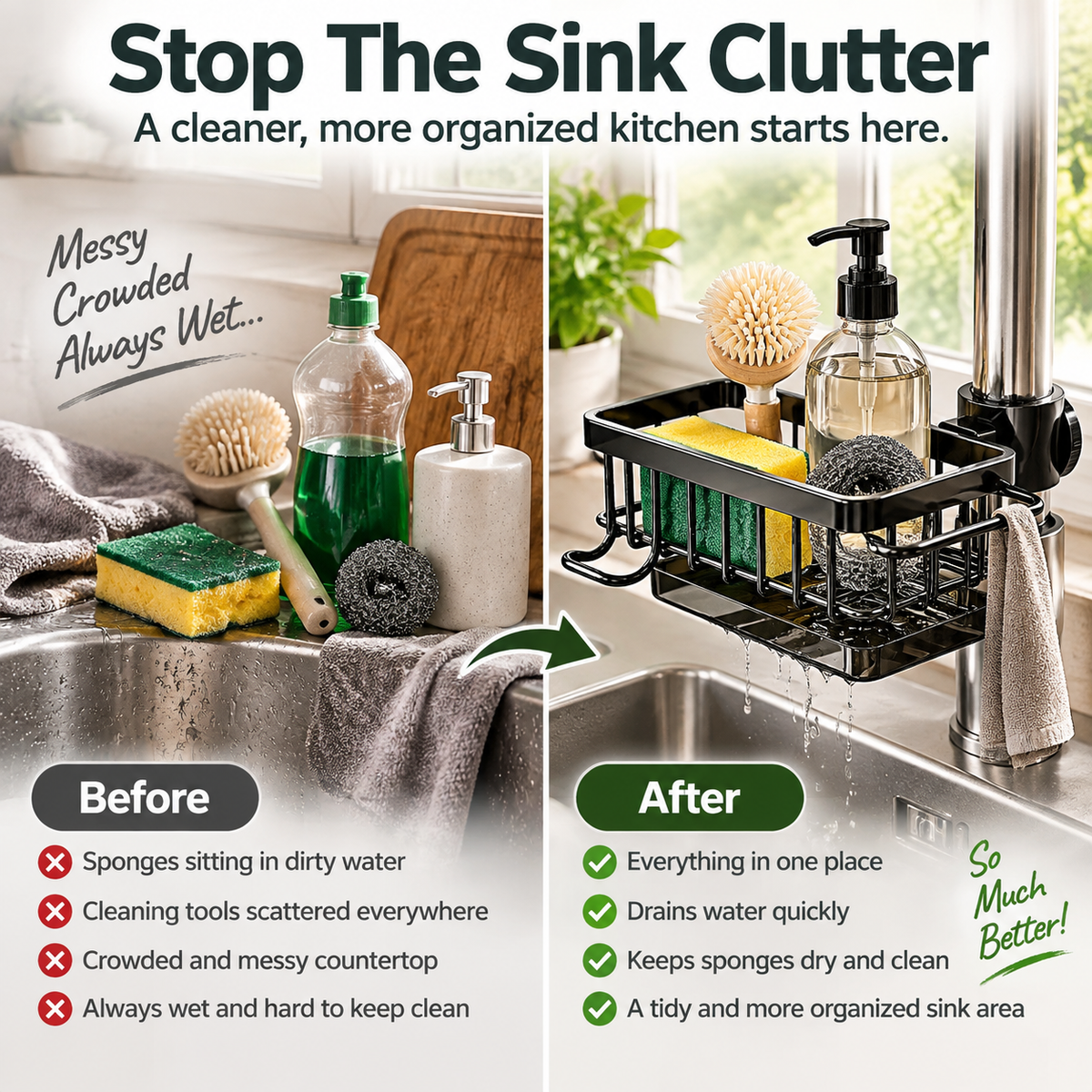 Sink Organizer Rack,Hanging Faucet Drain Rack with Drip Tray Stainless Steel Detachable Sink Faucet Sponge Holder Over Faucet for Kitchen and Bathroom,Scrubbers, Soap,Brush