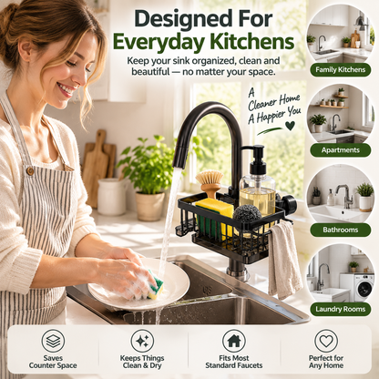 Sink Organizer Rack,Hanging Faucet Drain Rack with Drip Tray Stainless Steel Detachable Sink Faucet Sponge Holder Over Faucet for Kitchen and Bathroom,Scrubbers, Soap,Brush