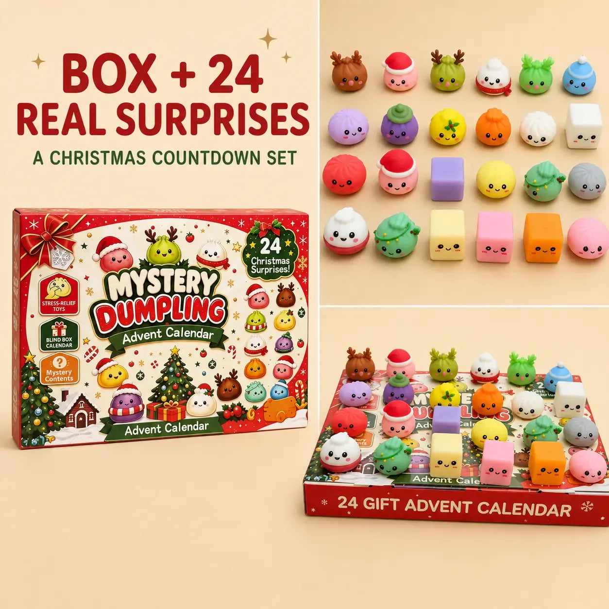 Christmas Mini Squishies Advent Calendar 2026, 24-Day Dumpling Squishy Toy Countdown Calendar with Glitter Squeeze Toys, Holiday Gift for Kids