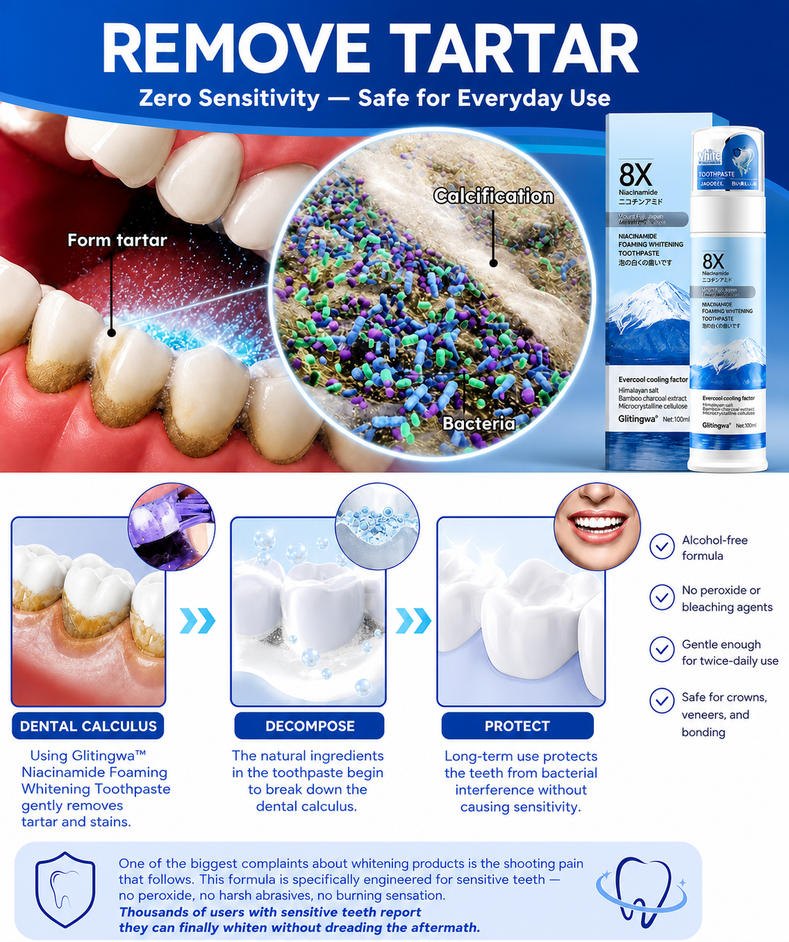 【Professional Grade】Niacinamide Foaming Whitening Toothpaste 8X - Fresh Breath Stain Removal Gentle Teeth Cleaning 100ml-A
