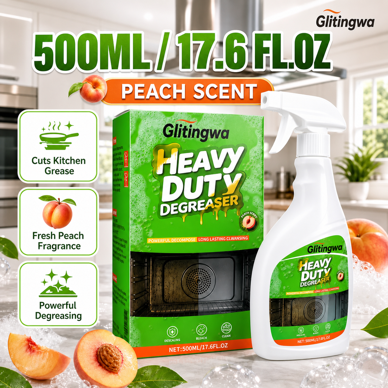 Glitingwa Heavy Duty Kitchen Degreaser Spray | Cuts Grease on Stoves, Range Hoods & Grills