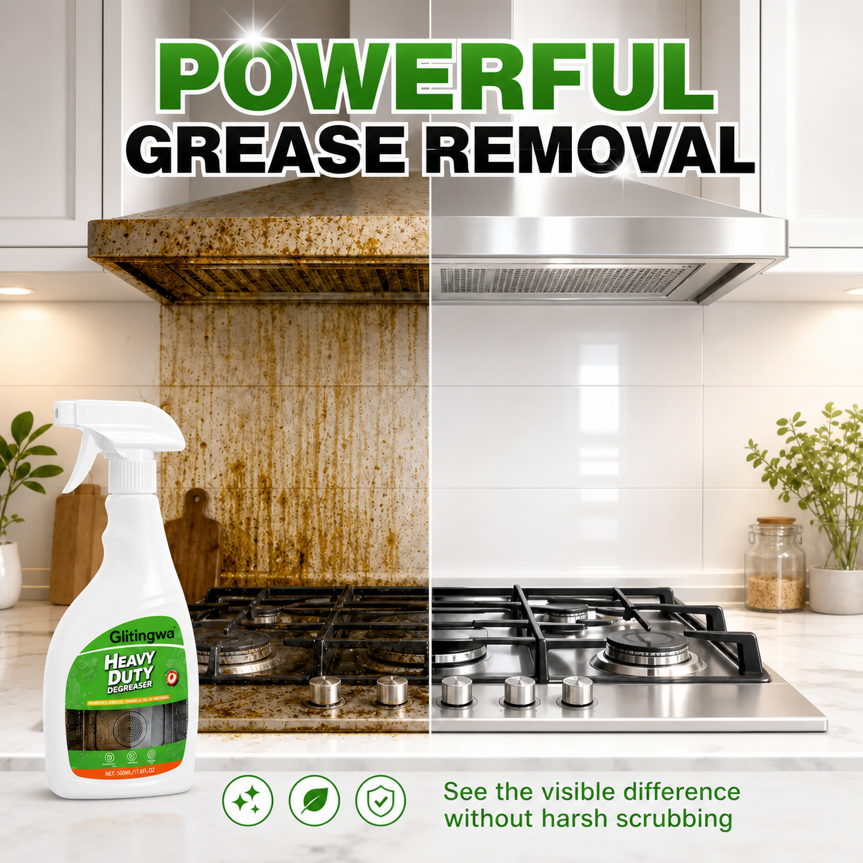Glitingwa Heavy Duty Kitchen Degreaser Spray | Cuts Grease on Stoves, Range Hoods & Grills