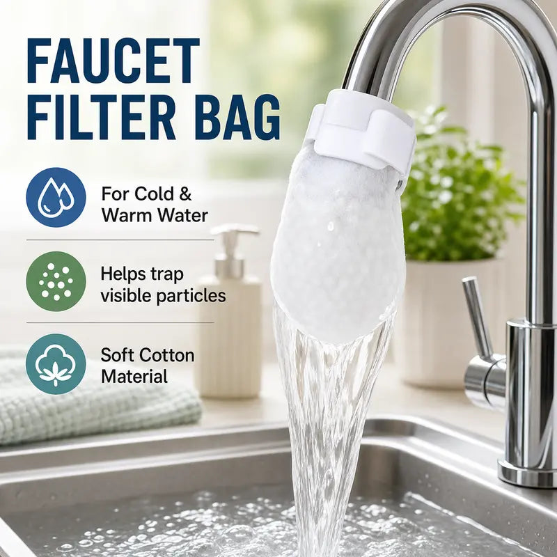 50 Cotton Filter Bags Disposable Cotton Faucet Filter Bags, Splash-Reducing Tap Water Sediment Filter Sock with Elastic Cuff for Kitchen & Bathroom Faucets